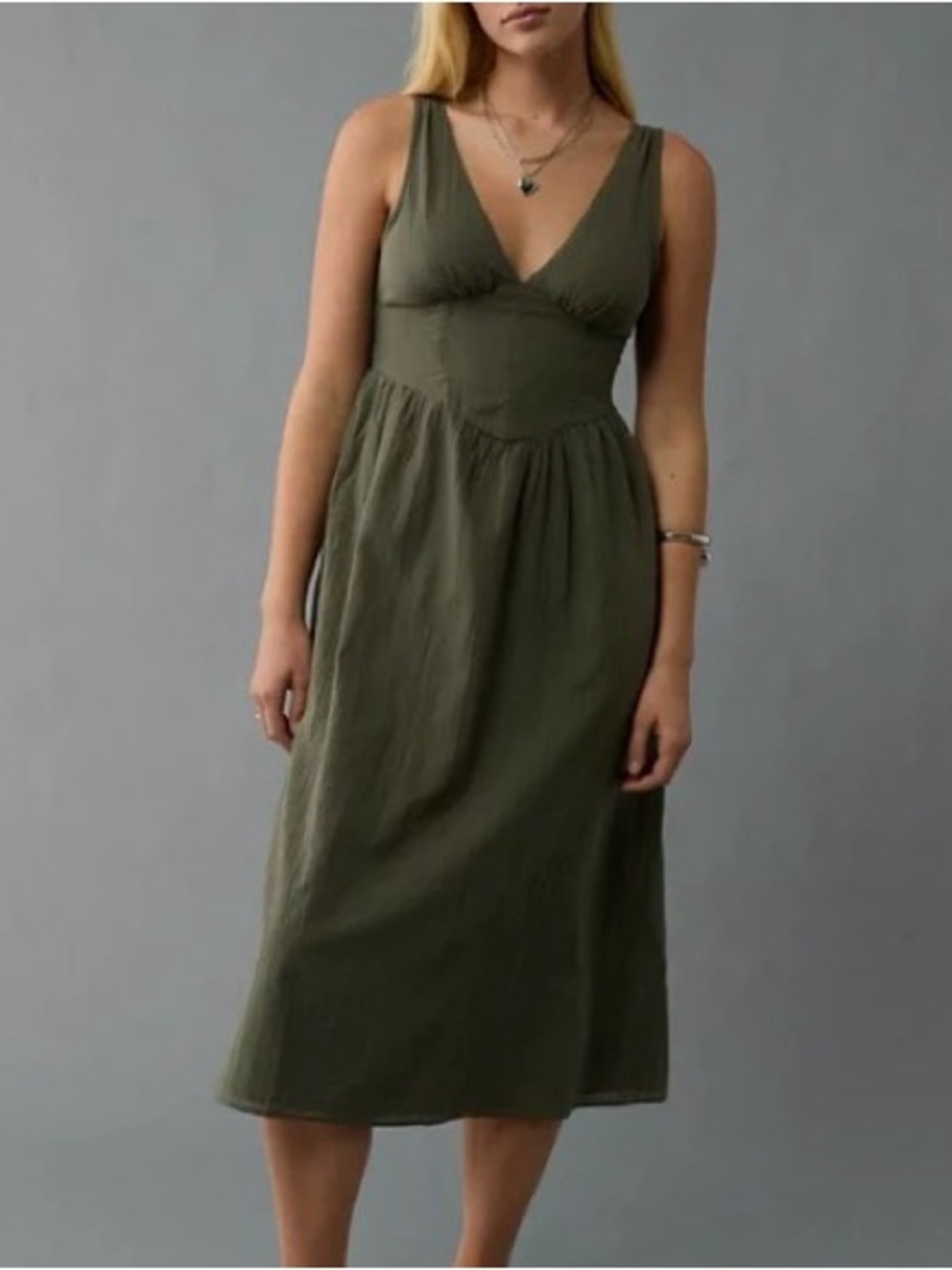 American Eagle V-Neck Corset Midi Dress Sundress Olive Green Pockets Medium